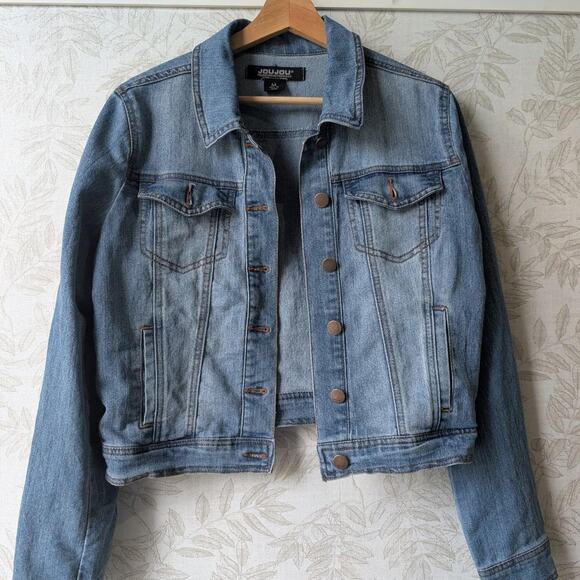 JOUJOU Light Wash Cropped Denim Trucker Jacket Size M - Picture 1 of 7